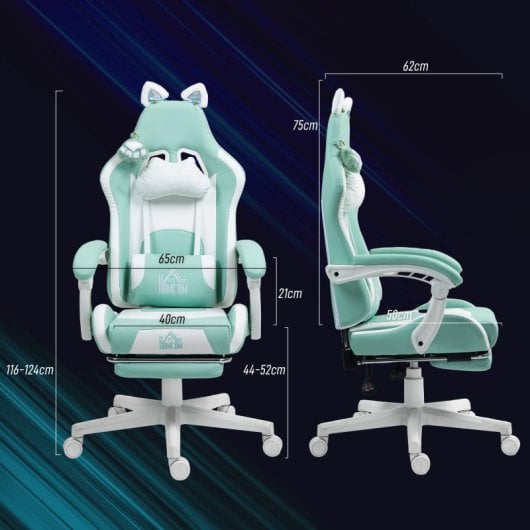 Homcom Silla Gaming Con Orejas Altura Ajustable Reposapiés Retráctil Azul Claro