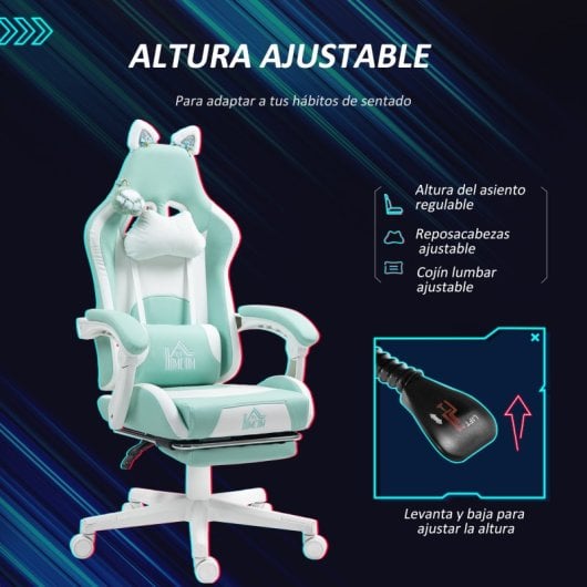 Homcom Silla Gaming Con Orejas Altura Ajustable Reposapiés Retráctil Azul Claro