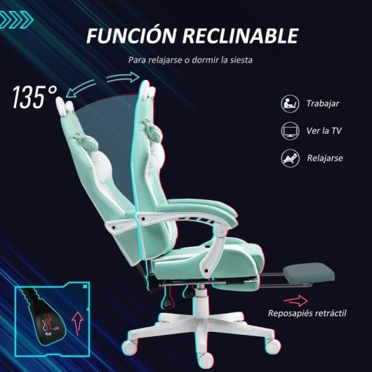 Homcom Silla Gaming Con Orejas Altura Ajustable Reposapiés Retráctil Azul Claro