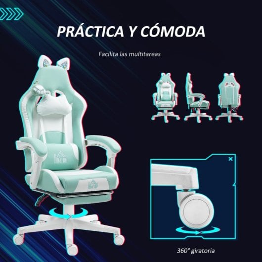 Homcom Silla Gaming Con Orejas Altura Ajustable Reposapiés Retráctil Azul Claro