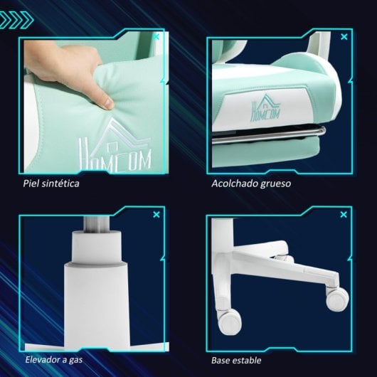 Homcom Silla Gaming Con Orejas Altura Ajustable Reposapiés Retráctil Azul Claro