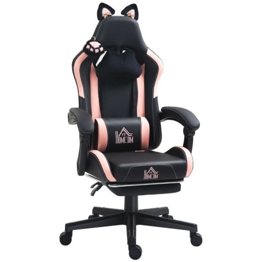 Homcom Silla Gaming Con Orejas Altura Ajustable Reposapiés Retráctil Negro