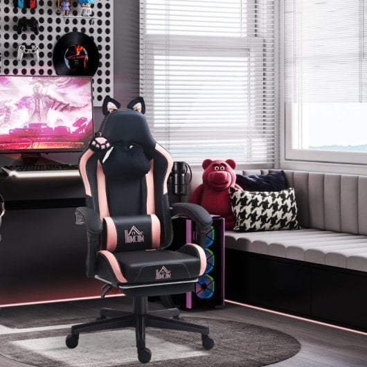 Homcom Silla Gaming Con Orejas Altura Ajustable Reposapiés Retráctil Negro