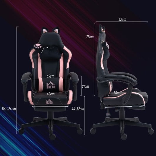 Homcom Silla Gaming Con Orejas Altura Ajustable Reposapiés Retráctil Negro