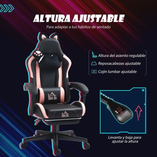 Homcom Silla Gaming Con Orejas Altura Ajustable Reposapiés Retráctil Negro