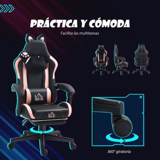 Homcom Silla Gaming Con Orejas Altura Ajustable Reposapiés Retráctil Negro