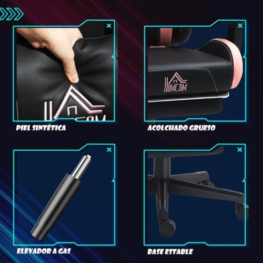 Homcom Silla Gaming Con Orejas Altura Ajustable Reposapiés Retráctil Negro