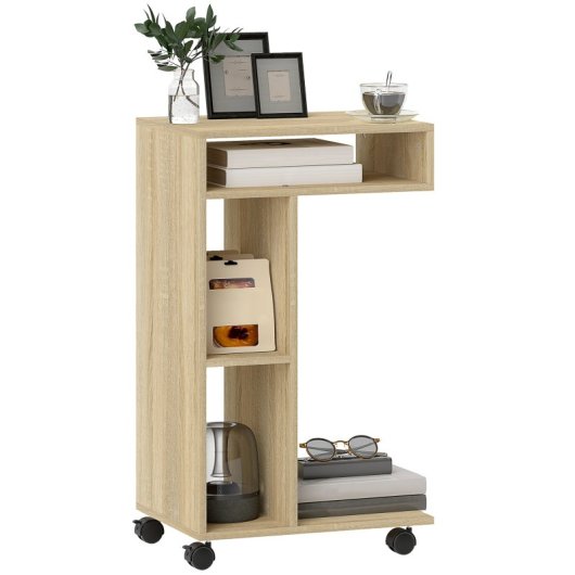 Homcom Mesa Auxiliar En Forma De C Con Ruedas 40x30x69 Cm Roble