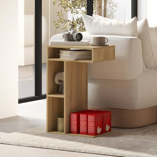 Homcom Mesa Auxiliar En Forma De C Con Ruedas 40x30x69 Cm Roble