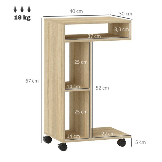 Homcom Mesa Auxiliar En Forma De C Con Ruedas 40x30x69 Cm Roble