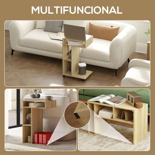 Homcom Mesa Auxiliar En Forma De C Con Ruedas 40x30x69 Cm Roble