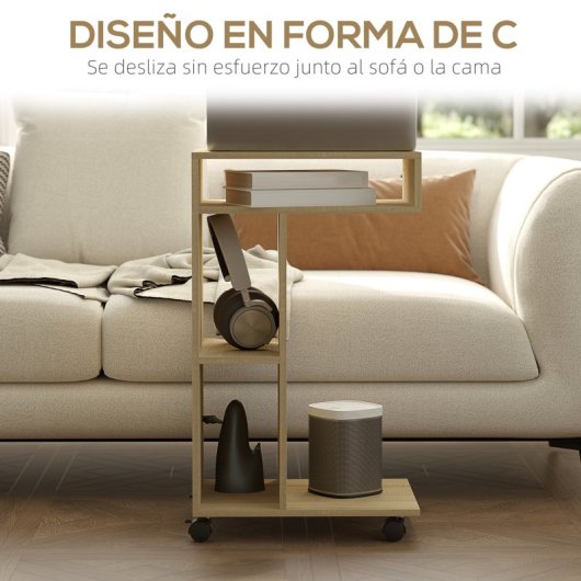 Homcom Mesa Auxiliar En Forma De C Con Ruedas 40x30x69 Cm Roble