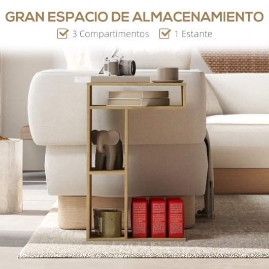 Homcom Mesa Auxiliar En Forma De C Con Ruedas 40x30x69 Cm Roble