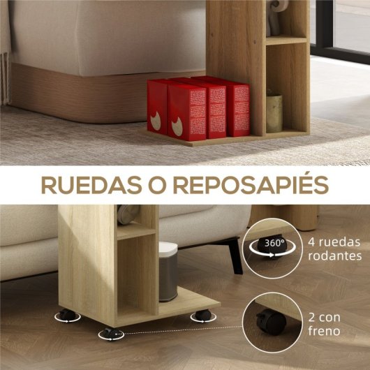 Homcom Mesa Auxiliar En Forma De C Con Ruedas 40x30x69 Cm Roble