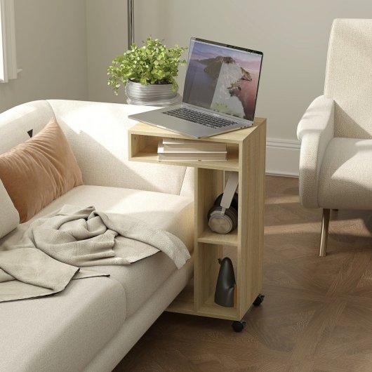 Homcom Mesa Auxiliar En Forma De C Con Ruedas 40x30x69 Cm Roble