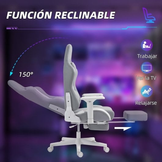 Homcom Silla Gaming Reclinable Con Altura Ajustable Gris Claro Y Blanco