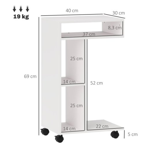 Homcom Mesa Auxiliar En Forma De C Con Ruedas 40x30x69 Cm Blanco