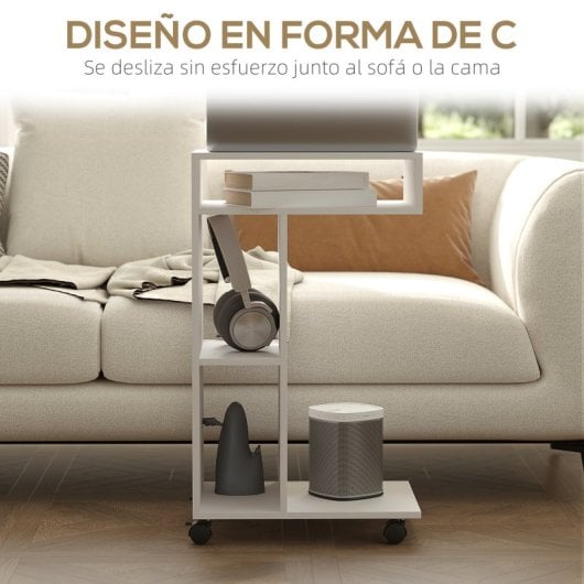 Homcom Mesa Auxiliar En Forma De C Con Ruedas 40x30x69 Cm Blanco