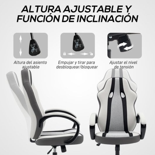 Homcom Silla Gaming Tapizada En Pu Y Malla Con Función De Basculante Gris