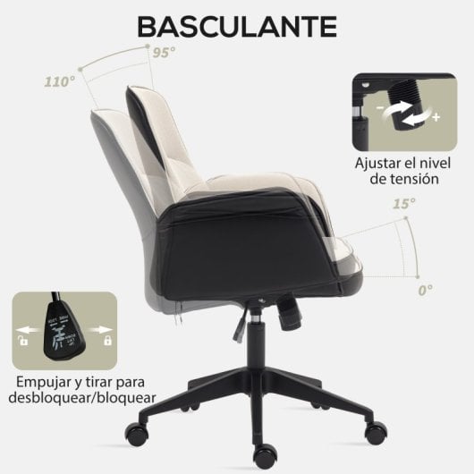 Homcom Silla De Oficina Giratoria Con Altura Ajustable Carga 120 Kg Beige Negro