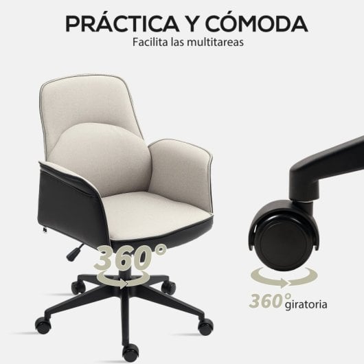 Homcom Silla De Oficina Giratoria Con Altura Ajustable Carga 120 Kg Beige Negro