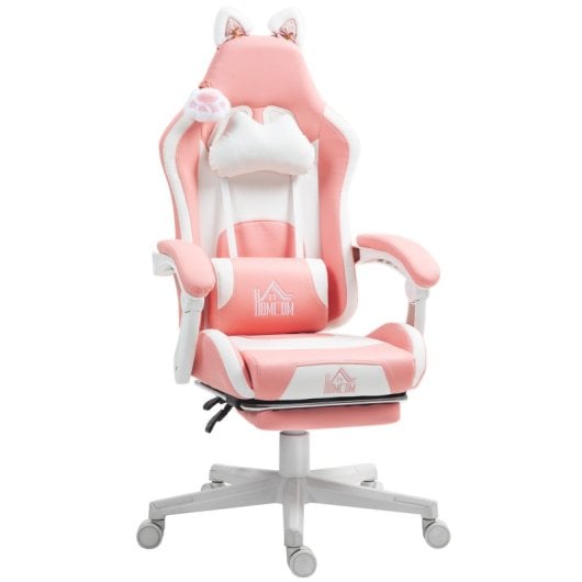 Homcom Silla Gaming Con Orejas Altura Ajustable Reposapiés Retráctil Rosa