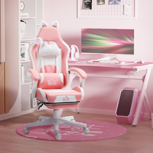 Homcom Silla Gaming Con Orejas Altura Ajustable Reposapiés Retráctil Rosa