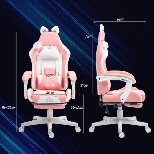 Homcom Silla Gaming Con Orejas Altura Ajustable Reposapiés Retráctil Rosa