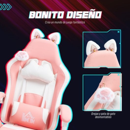 Homcom Silla Gaming Con Orejas Altura Ajustable Reposapiés Retráctil Rosa
