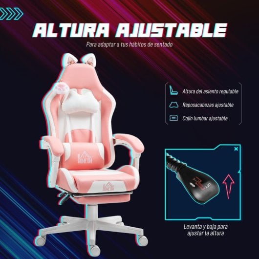 Homcom Silla Gaming Con Orejas Altura Ajustable Reposapiés Retráctil Rosa
