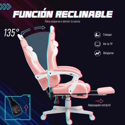 Homcom Silla Gaming Con Orejas Altura Ajustable Reposapiés Retráctil Rosa