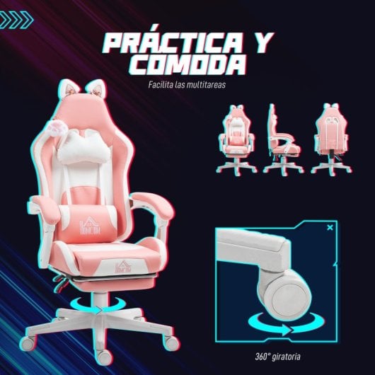 Homcom Silla Gaming Con Orejas Altura Ajustable Reposapiés Retráctil Rosa