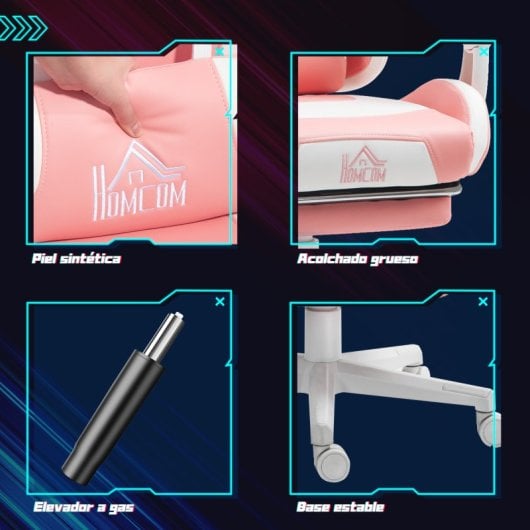 Homcom Silla Gaming Con Orejas Altura Ajustable Reposapiés Retráctil Rosa