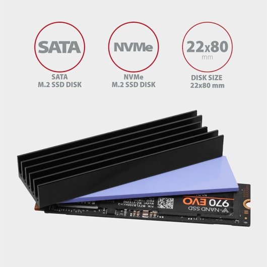 Dissipatore di calore passivo Axagon Clr-m2l10 - SSD M.2, SSD da 80 mm, alluminio, cuscinetti termici in silicone, altezza 10 mm