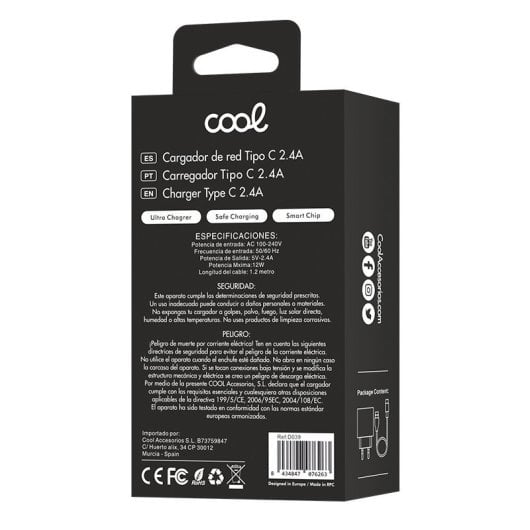 Cool Cargador de Red Universal con Conector USB Tipo C 12W 5V 2.4A Negro + Cable USB-A a USB-C