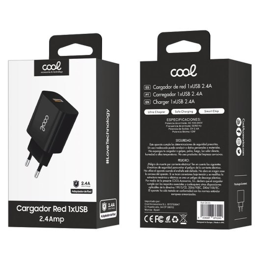 Cool Charger Netzwerkadapter Universal 1xUSB 12W 5V 2.4A Schwarz