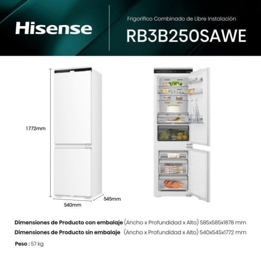 Frigorífico Combi Hisense RB3B250SAWE Total No Frost 177cm 252L E Branco WiFi
