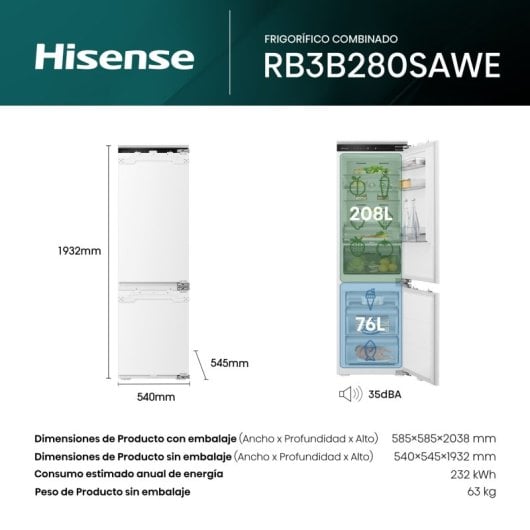 Hisense RB3B280SAWE Frigorífico Combinado Integrável Nofrost E Branco