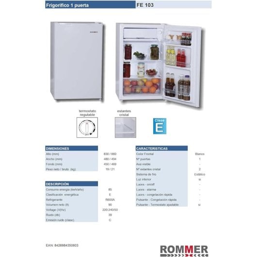Rommer FE103 Frigorífico Una Puerta E Blanco