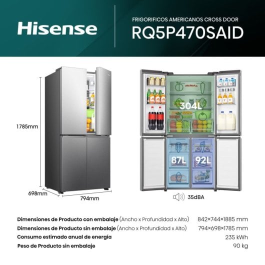 Hisense RQ5P470SAID Frigorífico Americano Nofrost D Inox