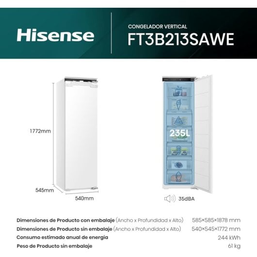Hisense FT3B213SAWE Congelador Vertical Integrable Nofrost 250L E Blanco