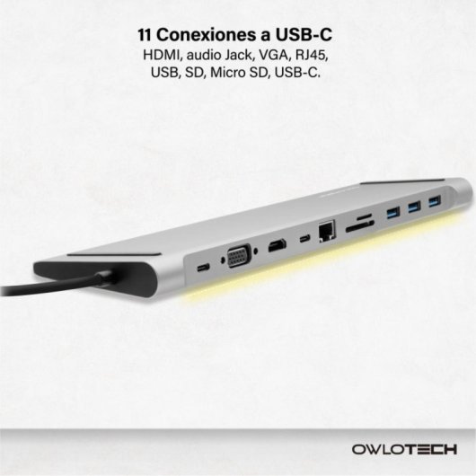 Hub USB-C OWLOTECH Docking 11 em 1 HDMI VGA Ethernet 87W SD TF Design Compacto Cinzento