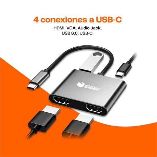 PcCom Essential Adaptador HUB USB-C a 2x HDMI, 1x USB-3.0, 1x USB-C