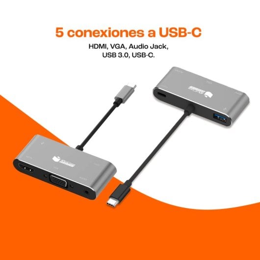 PcCom Essential Adaptador HUB 6 en 1 USB-C a 1x HDMI, 1 x VGA, 1x Audio Jack 3.5mm, 1x USB 3.0, 1x USB-C
