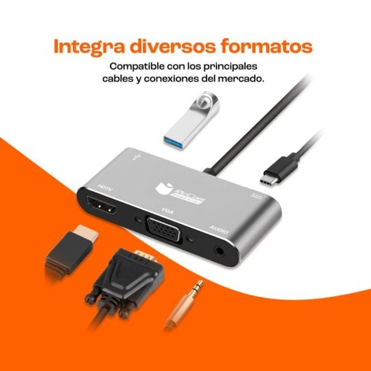 PcCom Essential Adaptador HUB 6 en 1 USB-C a 1x HDMI, 1 x VGA, 1x Audio Jack 3.5mm, 1x USB 3.0, 1x USB-C