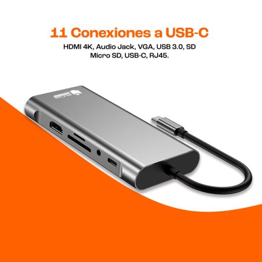 PcCom Essential HUB Docking 11 en 1 USB-C a 1x RJ45, 1x VGA, 1x HDMI 4K, 1x USB-C PD, 1x Audio Jack 3.5mm, 1x USB 3.0, 3