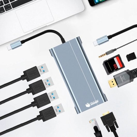 PcCom Essential HUB Docking 11 en 1 USB-C a 1x RJ45, 1x VGA, 1x HDMI 4K, 1x USB-C PD, 1x Audio Jack 3.5mm, 1x USB 3.0, 3