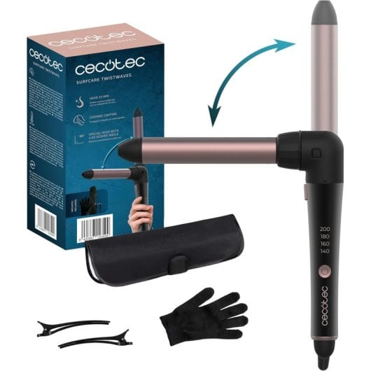 Cecotec SurfCare TwistWaves Rizador de Pelo de 25 mm con Guante Térmico Estuche y 2 Clips