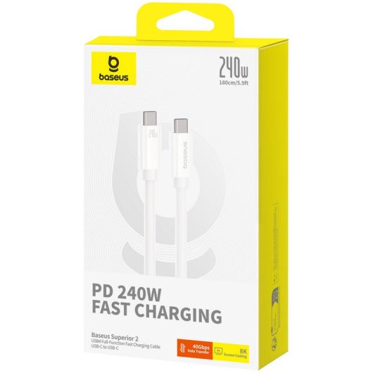 Baseus Superior 2 Cable Carga Rápida 240W USB4 40Gbps USB-C a USB-C 1.8m Blanco