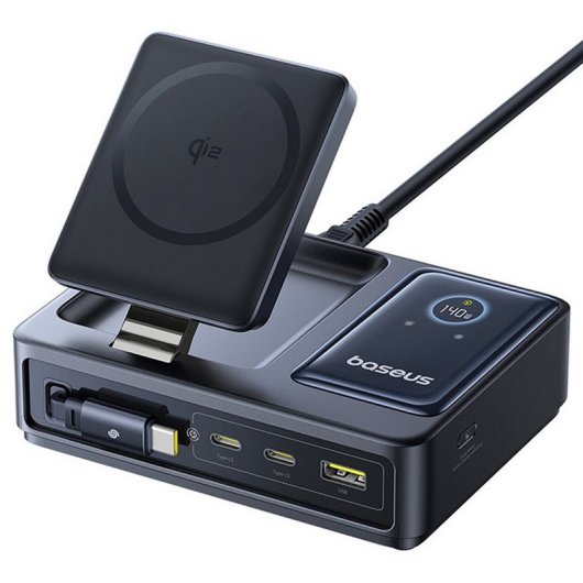 Baseus Nomos Estacion de Carga Inalámbrica 5 en 1 Qi2 140W 2xUSB-C+1xUSB-A Pantalla Digital LED